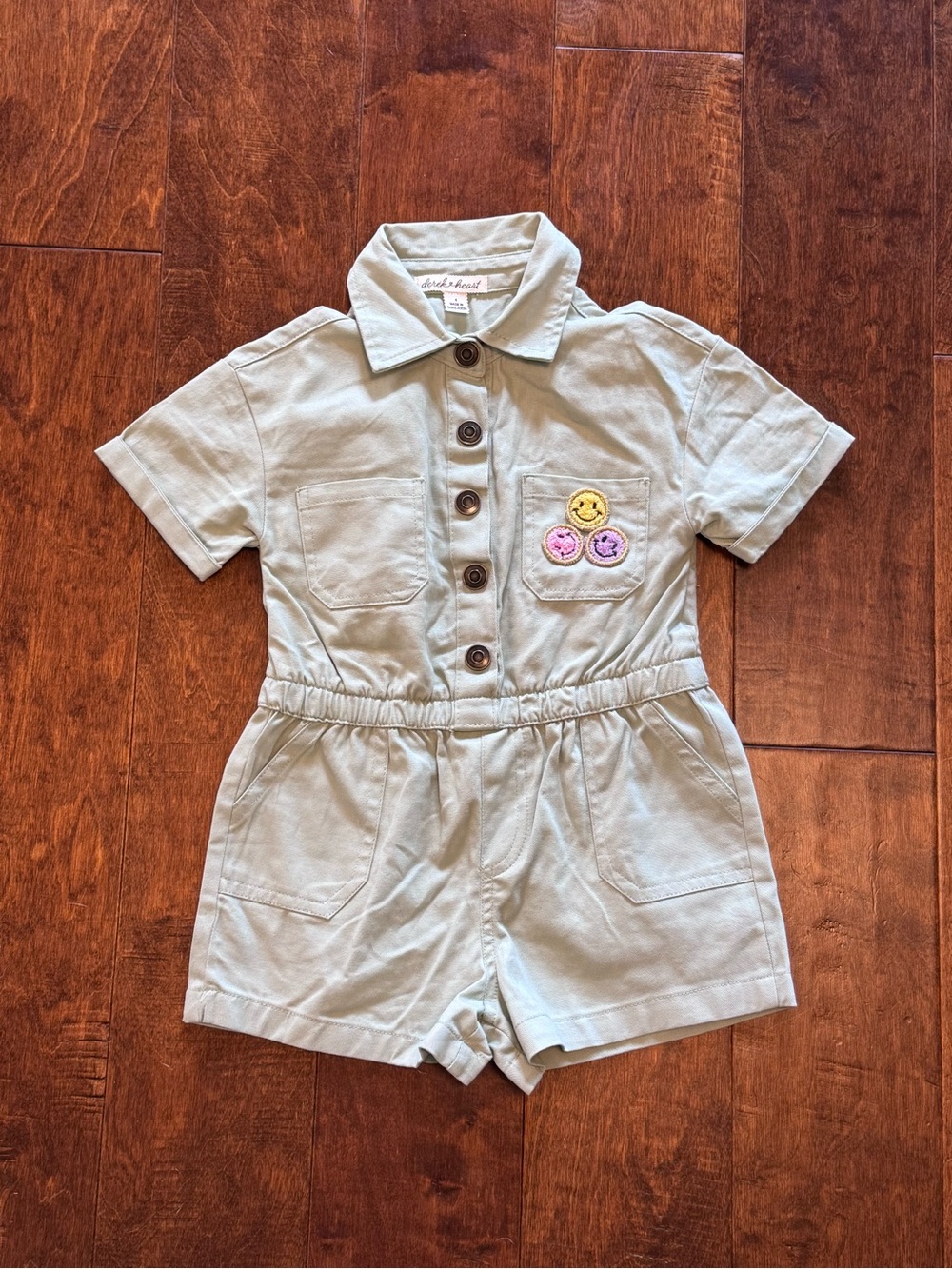 Derek Heart Light Sage Green Short-Sleeve Romper with Smiley Patches